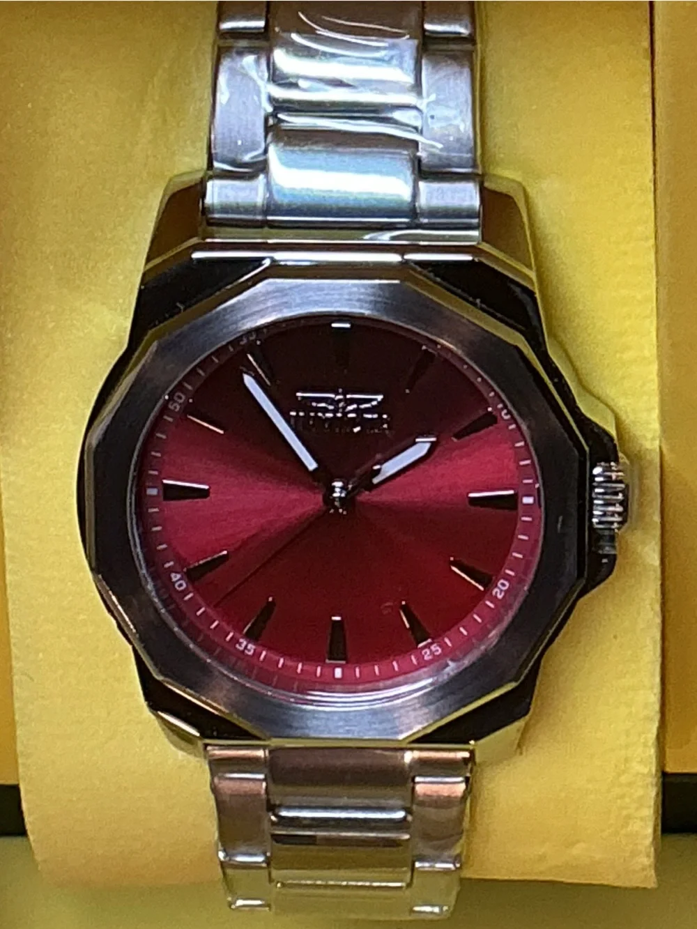 Invicta Men's Silver Watch with Red Sunburst Dial